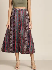 Qurvii Women Navy Blue & Orange Ethnic Print A-Line Midi Skirt