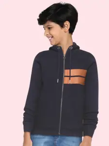 UTH by Roadster Boys Navy Blue & Brown Colourblocked Hooded Pure Cotton Sweatshirt