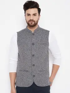 even Men Grey & Blue Woven-Design Nehru Jacket