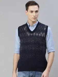 Pierre Carlo Men Navy Blue & Beige Geometric Design Sweater Vest