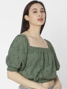 SPYKAR Women Green Self Design Blouson Cotton Crop Top