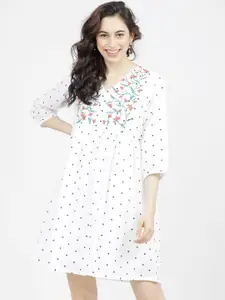 Tokyo Talkies Women White Embroidered Polka Dots Printed Dress