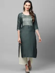 Indo Era Women Charcoal Grey Ethnic Motifs Yoke Design Straight Kurta