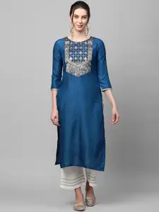 Indo Era Women Teal Blue & Beige Ethnic Motifs Yoke Design Straight Kurta
