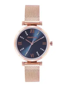 DressBerry Women Blue Dial & Rose Gold Toned Stainless Steel Bracelet Style Straps Analogue Watch