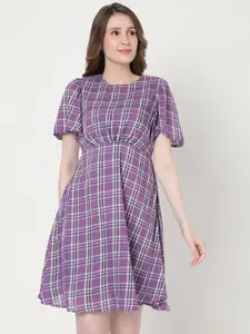 Vero Moda Purple & Grey Checked Fit and Flare Gathered Dress