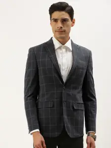 Peter England Men Charcoal Grey Checked Neo Slim Fit Single-Breasted Formal Blazer