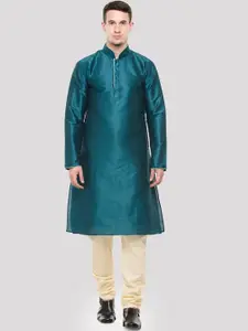 RG DESIGNERS Men Green Silk Blend Regular Kurta with Churidar
