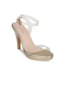 SHUZ TOUCH Women Gold-Toned Transparent Stiletto Sandals with Buckles