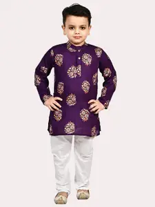 Superminis Boys  Pure Cotton Gold Foil Printed Purple & White Kurta Pyjama Set