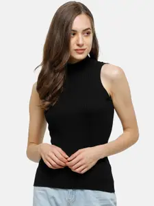 98 Degree North Women Black Ribbed Pure Cotton Sleeveless Pullover