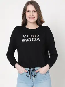 Vero Moda Women Black Printed Pure Cotton Sweatshirt with Tie-Up Hem