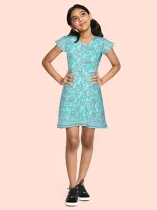 Global Desi Girls Blue Printed A-Line Dress
