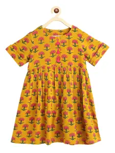 Campana Girls Mustard Yellow & Pink Floral Printed Dress