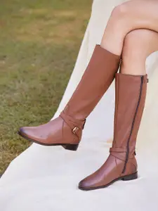 Saint G Women Tan Brown Leather Buckle Detail Long Boots