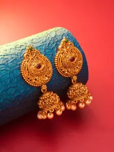 aadita Gold Plated Red Dome Shaped Jhumkas Earrings
