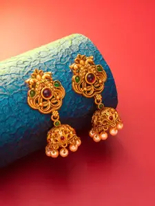 aadita Gold-Plated Gold-Toned & Red Dome Shaped Jhumkas Earrings