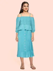 Global Desi Girls Blue Self Design Top with Skirt