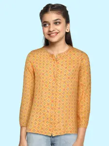 Global Desi Girls Mustard Yellow & Red Floral Printed Pure Cotton A-Line Top
