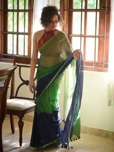 Suta Blue & Green Colourblocked Pure Cotton Saree