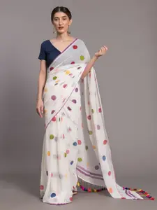 Suta White & Yellow Polka Dots Printed Pure Cotton Saree