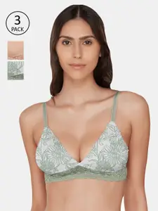 Inner Sense Pack Of 3 Green & Nude Lace Anti Odour Organic Bralettes - Non-Wired