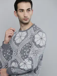 The Indian Garage Co Men Grey Melange Self-Design Printed Sweatshirt