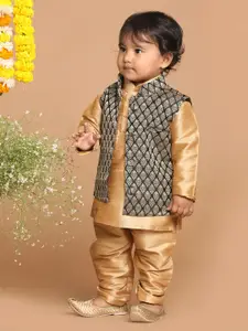 VASTRAMAY Boys Copper-Toned Self Design Regular Kurta with Pyjamas & Nehru Jacket
