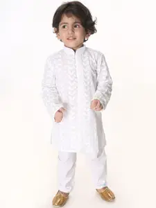 VASTRAMAY Boys White Embroidered Pure Cotton Kurta with Solid Pyjamas