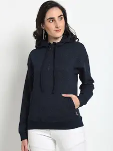 Club York Women Navy Blue Solid Hooded Sweatshirt