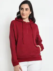 Club York Women Red Solid Hooded Sweatshirt With Zip Detail