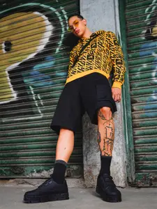 The Indian Garage Co Men Mustard Yellow Printed Hooded Sweatshirt