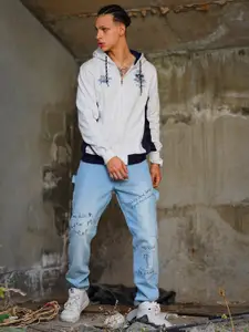 The Indian Garage Co Men White Colourblocked Hooded Sweatshirt