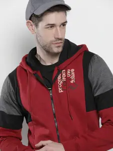 The Indian Garage Co Men Red & Grey Colourblocked Hooded Sweatshirt