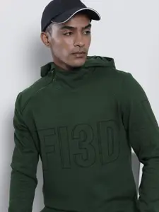 The Indian Garage Co Men Olive Green & Black Typography Print Hooded Sweatshirt