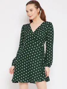 Berrylush Women Green & White Polka Dot Printed Crepe Wrap Dress