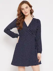 Berrylush Women Navy Blue Polka Dots Printed Crepe Wrap Dress