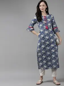 Amirah s Women Blue & Off White Floral Printed Bell Sleeves Floral Kurta