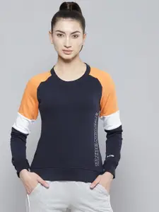 Alcis Women Navy Blue & Orange Colourblocked Cotton Sweatshirt with Side Applique Prints