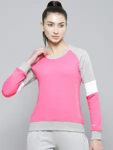 Alcis Women Pink & Grey Melange Colourblocked Cotton Sweatshirt with Side Applique Prints