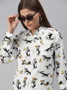The Souled Store Women White Opaque Sylvester & Tweety Printed Casual Shirt