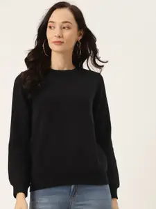Madame Women Black Solid Sweatshirt With Embroidered Detail