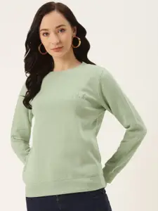 Madame Women Sea Green Solid Sweatshirt With Embroidered Detail