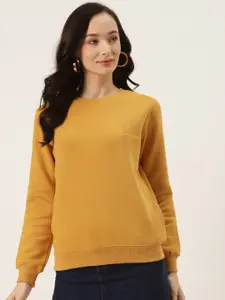 Madame Women Mustard Yellow Solid Sweatshirt With Embroidered Detail