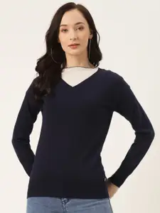 Madame Women Navy Blue Solid Pullover