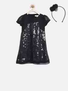 Nauti Nati Girls Black Sequinned A-line Dress