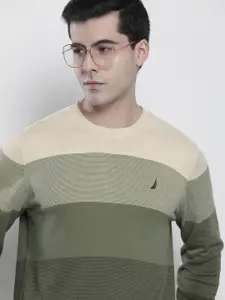 Nautica Men Pure Cotton Colourblocked Pullover with Embroidered Detail