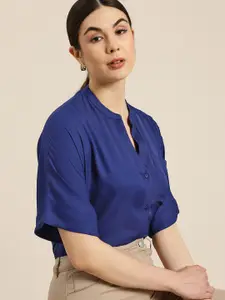 her by invictus Women Navy Blue Solid Boxy Fit Formal Shirt