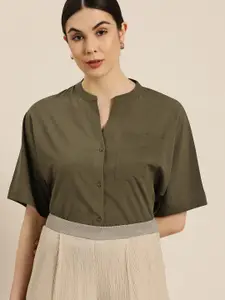 her by invictus Women Olive Green Solid Boxy Fit Formal Shirt