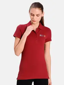 Puma Women Red Brand Logo Printed Polo Collar Slim Fit T-shirt